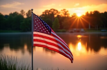 American flag waves gently by lake at sunset. Patriotic symbol in nature background. Scenic view American holiday, national pride. Calm water reflects vibrant sky colors. Peaceful setting represents