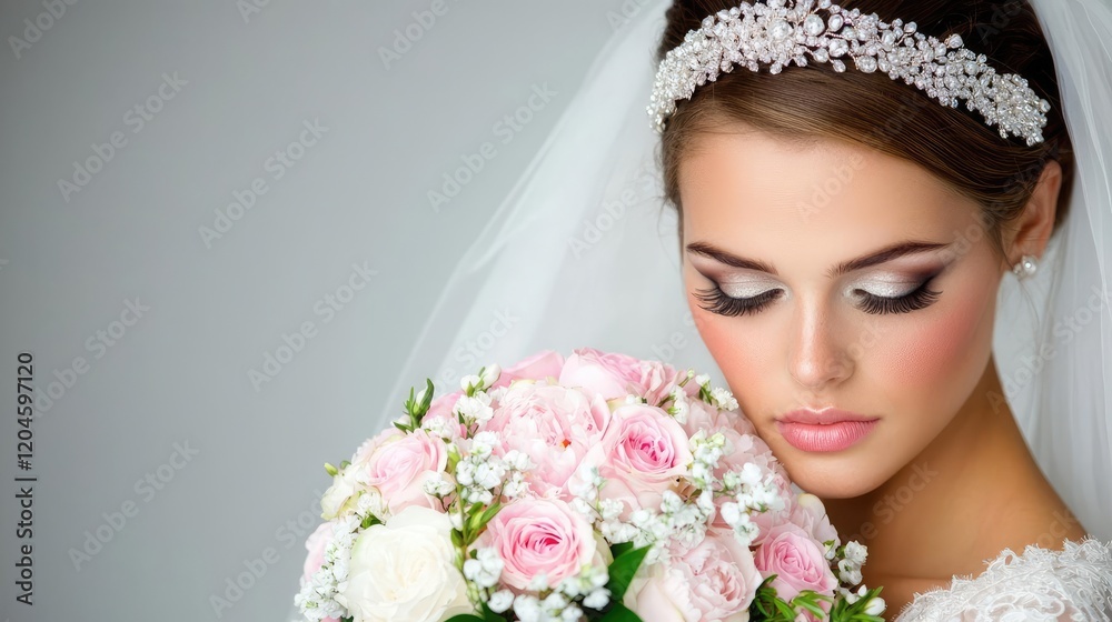 Obraz premium Bride with bouquet, wedding makeup, studio portrait, elegant background