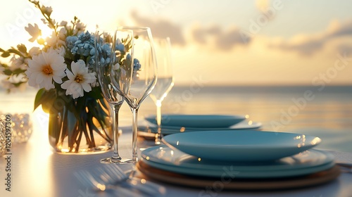 A serene dining setup at sunset featuring elegant tableware and a floral centerpiece, creating an inviting atmosphere by the ocean.