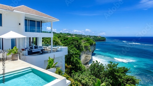 A stunning oceanfront villa with a pool, surrounded by lush greenery and clear blue waters under a bright sky, perfect for relaxation.
