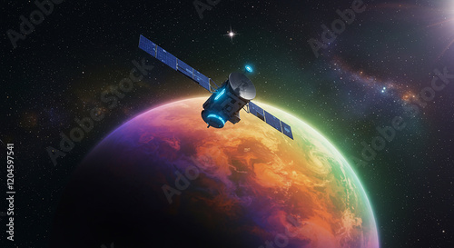 Spacecraft Orbiting a Vibrant Exoplanet Cosmic Exploration and Technological Advancement