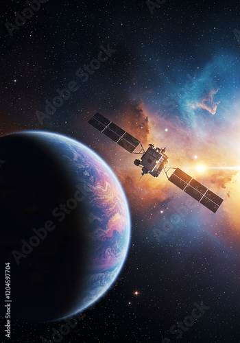 Satellite Orbiting Earth in Space Cosmic Nebula Background Deep Space Exploration
