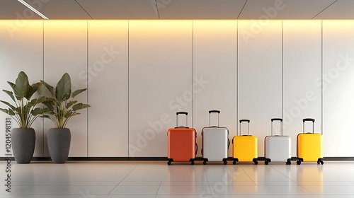 A modern interior featuring four colorful suitcases lined against a white wall, accompanied by decorative plants in stylish pots.