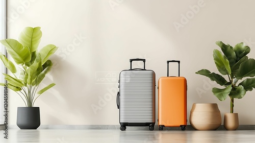 A minimalist scene featuring a gray and orange suitcase beside lush green plants against a light-colored wall.