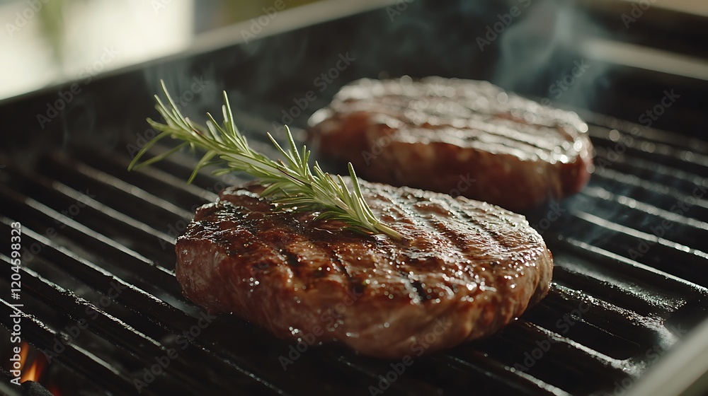 Steaks cooked on a grill, accompanied by a sprig of aromatic rosemary