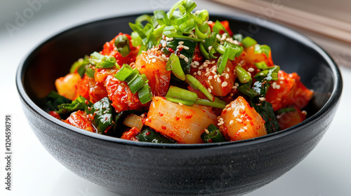 Spicy kimchi salad with vibrant red spices, fresh vegetables, and sesame seeds, served in black bowl. colorful and flavorful dish that excites palate