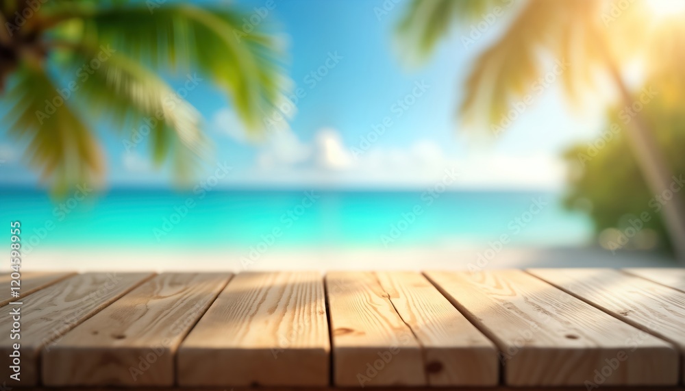 Empty wooden table top with tropical beach view. Blurred background shows calm sea with blue water, palm trees. Sunny day at resort. Relaxing vacation scene. Light from sun shines on wooden surface. Empty wooden table top with tropical beach view. Blurred background shows calm sea with blue water, palm trees. Sunny day at resort. Relaxing vacation scene. Light from sun shines on wooden surface.