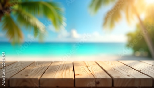 Fototapeta Naklejka Na Ścianę i Meble -  Empty wooden table top with tropical beach view. Blurred background shows calm sea with blue water, palm trees. Sunny day at resort. Relaxing vacation scene. Light from sun shines on wooden surface.
