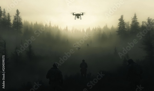 In a foggy early morning setting, military drones monitor soldiers, who in turn observe the drones, against the natural backdrop of a tactical operation.