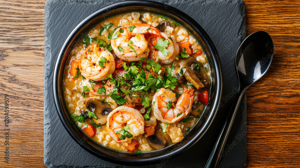 Rich and flavorful spicy soup featuring plump shrimp, vegetables, and herbs, served in black bowl on slate plate. Perfect for comforting meal Rich and flavorful spicy soup featuring plump shrimp, vegetables, and herbs, served in black bowl on slate plate. Perfect for comforting meal