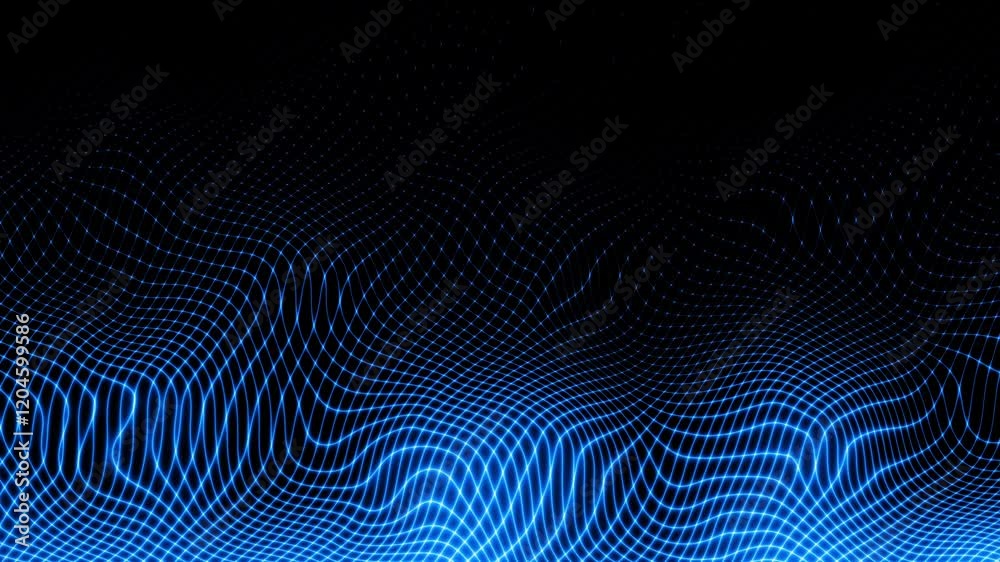 Loop abstract blue background with waves. Black background with particles