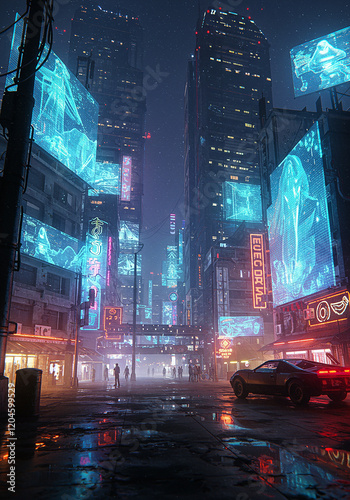 Cyberpunk City Street at Night Futuristic Urban Landscape with Neon Signs and Holographic