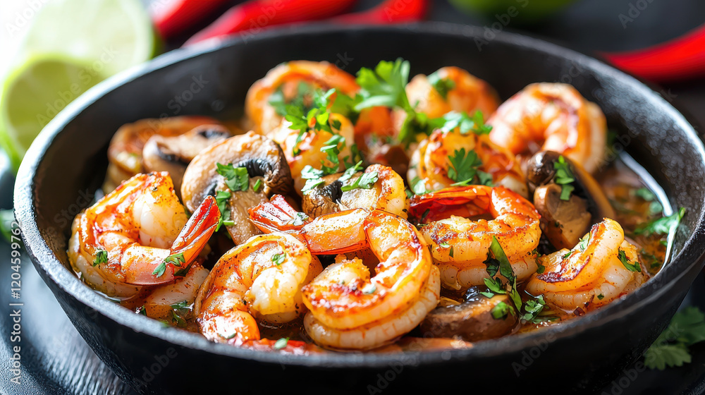 Delicious shrimp dish with mushrooms and herbs in cast iron bowl, garnished with fresh cilantro and lime. Perfect for seafood lovers and culinary enthusiasts Delicious shrimp dish with mushrooms and herbs in cast iron bowl, garnished with fresh cilantro and lime. Perfect for seafood lovers and culinary enthusiasts