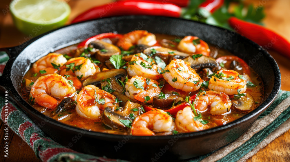 Delicious shrimp soup with mushrooms and herbs in cast iron bowl, garnished with fresh parsley and chili peppers, perfect for cozy meal Delicious shrimp soup with mushrooms and herbs in cast iron bowl, garnished with fresh parsley and chili peppers, perfect for cozy meal