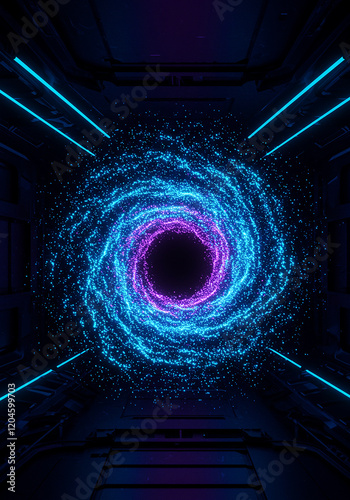 Abstract Cosmic Vortex Neon Lights and Glowing Particles in a Futuristic Tunnel