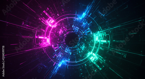 Abstract Futuristic Neon Tunnel Glowing Circular Lights Sci Fi Background