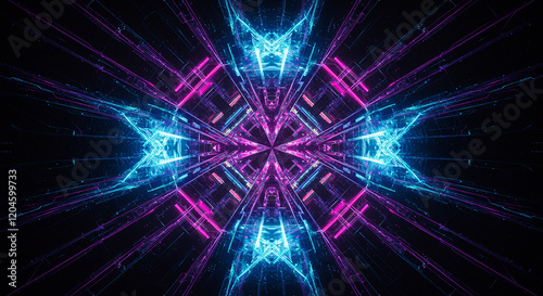 Abstract Neon Glowing Lines Pink and Blue Cyber Mandala Futuristic Digital Art Background