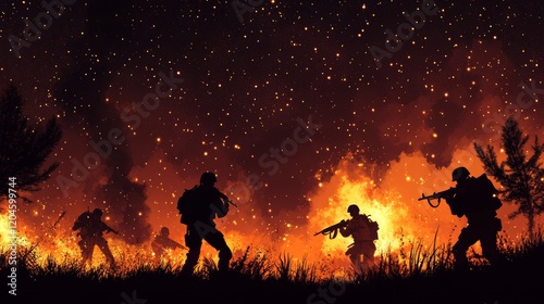 The image features soldiers battling, framed against a foggy war sky, embodying the essence of warfare.