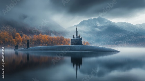 A black submarine featuring a periscope is navigating the lake, surrounded by snow-capped mountains in the backdrop, and with individuals standing atop it.