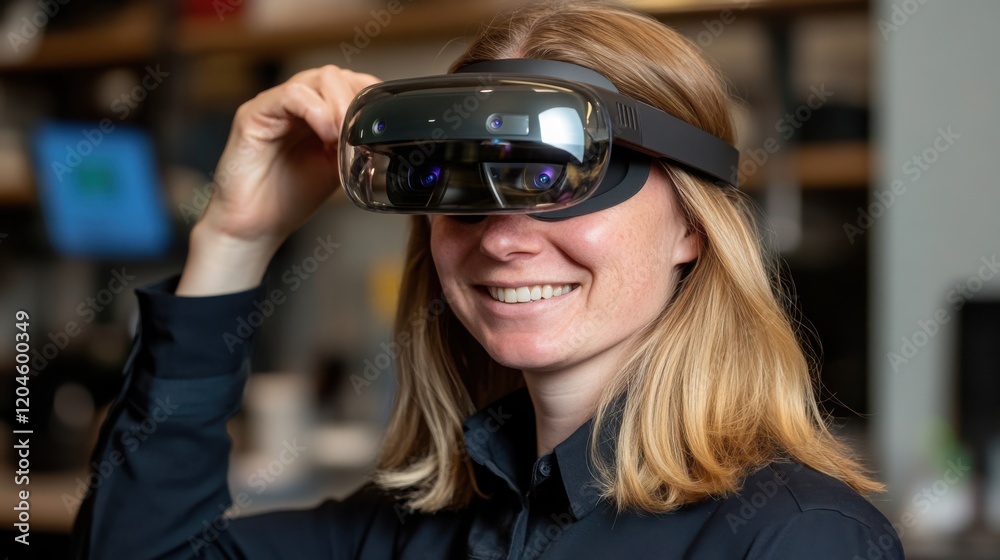Excited Member Adjusts VR Headset in Lab Setting Excited Member Adjusts VR Headset in Lab Setting