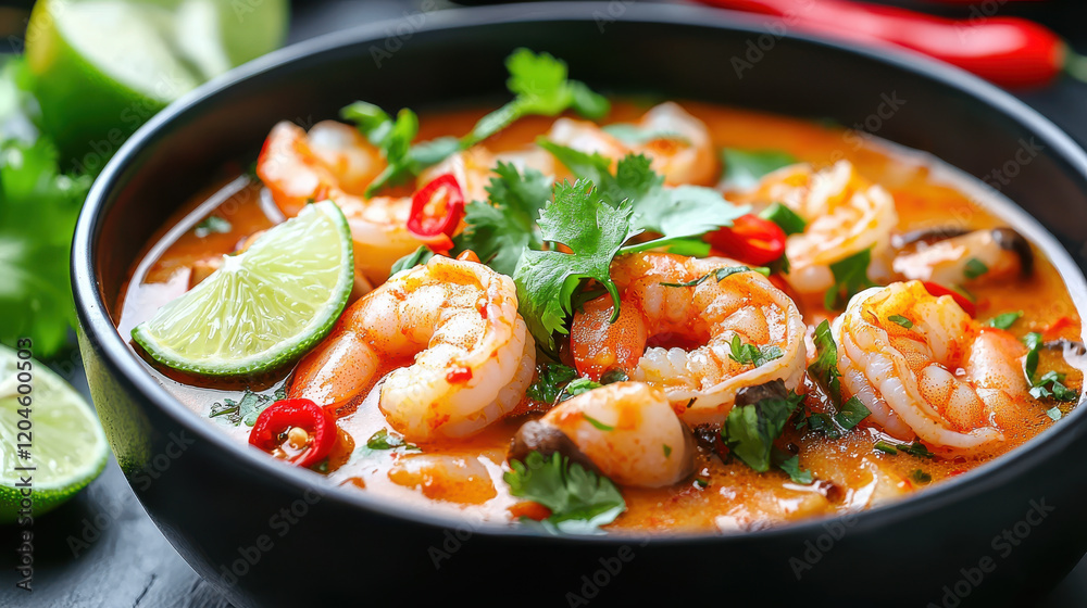 vibrant spicy soup with shrimp, mushrooms, and fresh herbs, garnished with lime and chili, perfect for flavorful meal vibrant spicy soup with shrimp, mushrooms, and fresh herbs, garnished with lime and chili, perfect for flavorful meal