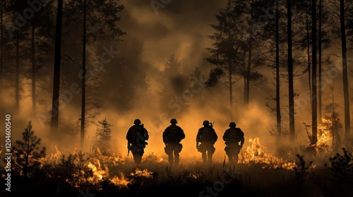 Advancing Soldiers in an Early Morning Misty Forest - designed using Stock
