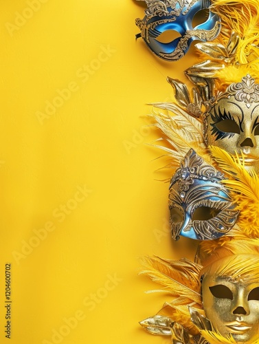 A yellow background with a row of masks on it. The masks are gold and blue. The masks are arranged in a row, with the blue one in the middle and the gold one on the right photo