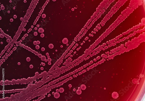 Mixed colonies of dark red and pink bacteria growing on a red agar plate, illustrating laboratory culture of microorganisms. photo