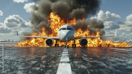 A burning airplane on the runway, set against a fiery backdrop, representing sorrow and perseverance, captured in an ethereal cinematic style.