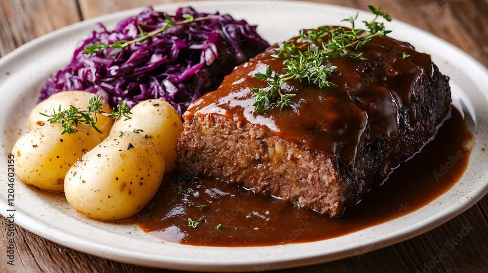 Traditional german meat dish concept, Meatloaf with gravy, red cabbage and boiled potatoes Traditional german meat dish concept, Meatloaf with gravy, red cabbage and boiled potatoes