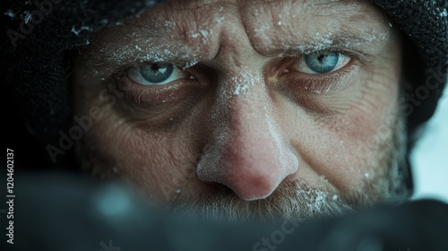 A close-up of a weathered face with intense blue eyes, dusted with frost, captures resilience against the harsh elements. photo