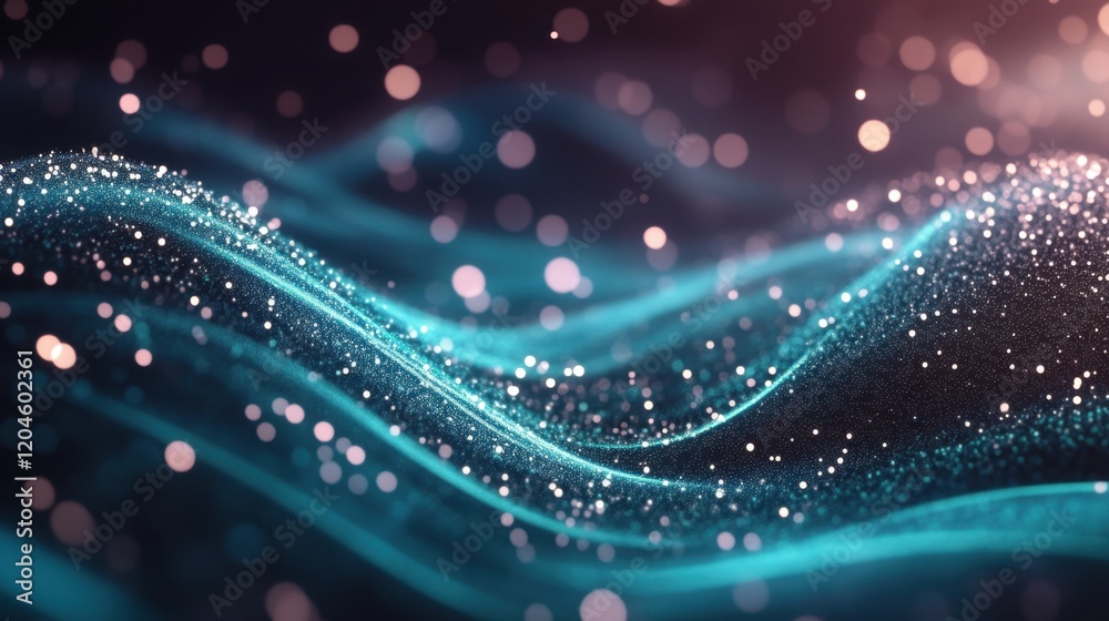 Glowing waves of light and sparkling particles create a mesmerizing effect Glowing waves of light and sparkling particles create a mesmerizing effect