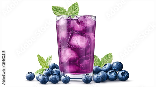 glass of purple blueberry juice with ice cubes isolated on white background	