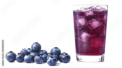 glass of purple blueberry juice with ice cubes isolated on white background	