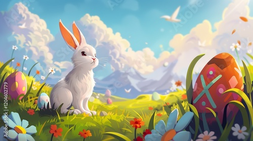 A white bunny sits in a vibrant meadow surrounded by colorful Easter eggs, blooming flowers, and a scenic mountain backdrop under a bright blue sky.