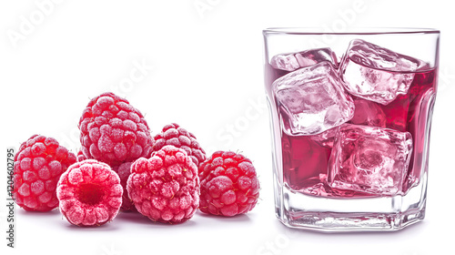 glass of red raspberry juice with ice cubes isolated on white background	