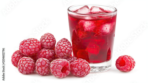 glass of red raspberry juice with ice cubes isolated on white background	