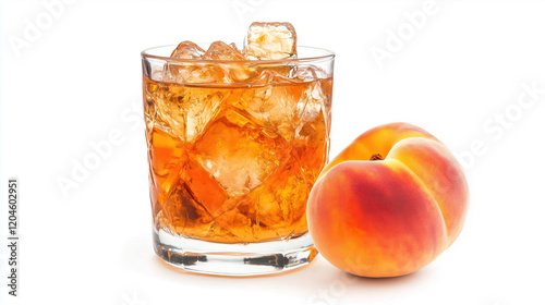 glass of peach juice with ice cubes isolated on white background