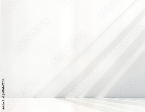 Empty white room with soft shadows. Sunlight casts gentle shadows on plain white wall, floor. Simple design for products advertising. Minimalist style. Perfect for modern presentations websites.