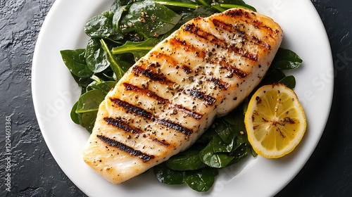 Grilled sea bass slice on spinach in white plate photo