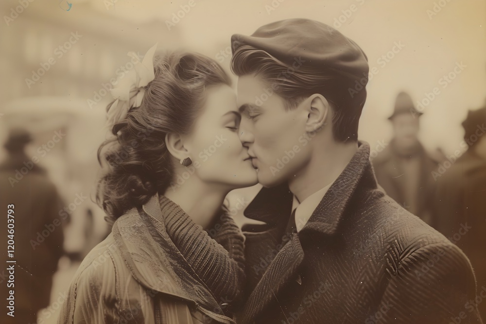 Fototapeta premium Romantic young couple kissing in city street. Old retro sepia monochrome photo, 1970s 1980s style. Vintage dust and noise effect. Valentine's Day, anniversary, love