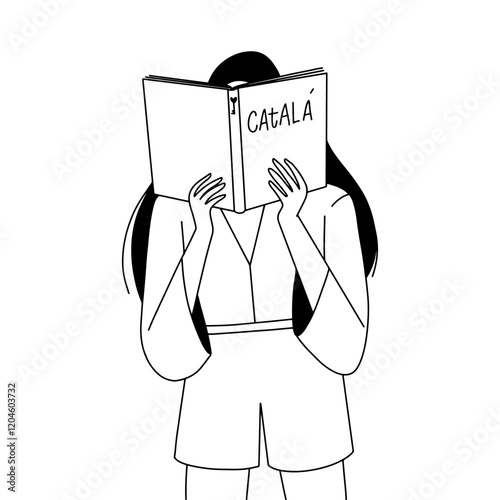 vector linear outline illustration, a girl intently studying Catalan language, with an open book held close to her face. Vector illustration