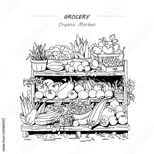 Outline linear drawing of a vegetable market, a stall filled with fruits and vegetables, designed as a coloring page. Vector illustration