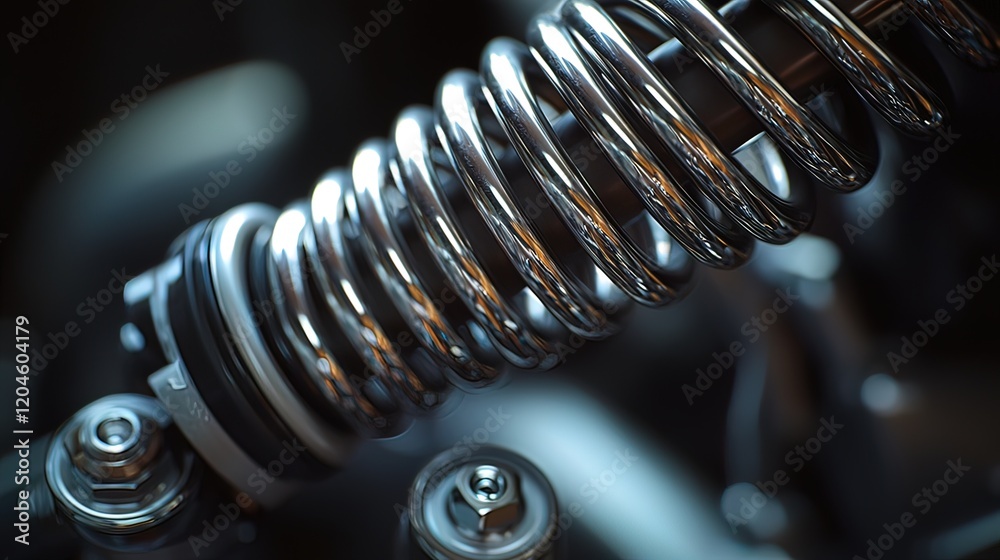 Close-up of a shiny chrome motorcycle shock absorber spring. Close-up of a shiny chrome motorcycle shock absorber spring.
