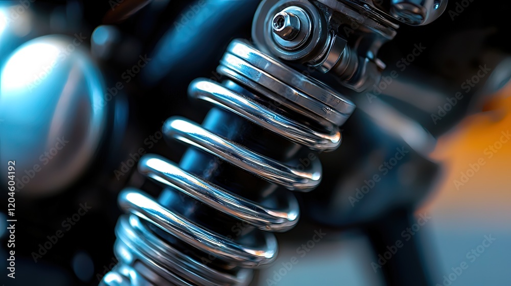 Close-up of a shiny chrome motorcycle shock absorber spring. Close-up of a shiny chrome motorcycle shock absorber spring.