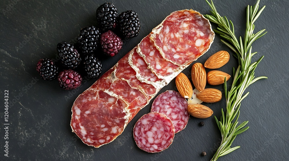 Top view of salami, cheese, almonds, blackberries, and rosemary