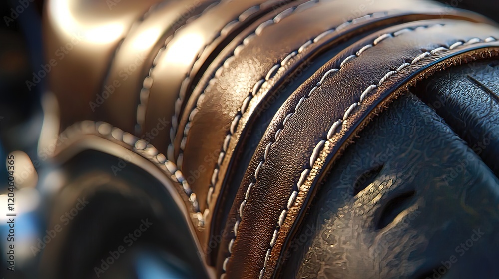 Close-up of brown leather motorcycle seat with detailed stitching. Close-up of brown leather motorcycle seat with detailed stitching.