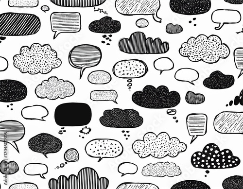 seamless pattern with speech bubbles and thought clouds black and white colors hand drawn by felt pen  repeating background