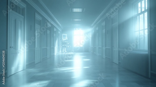 Hospital corridor, sunlight, calm, medical equipment, hope