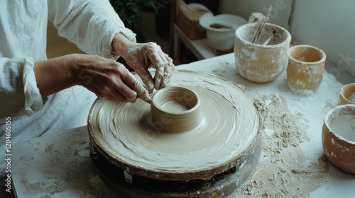 Hands skillfully shape clay on a spinning pottery wheel, capturing the essence of craftsmanship, creativity, and the tactile joy of creating art. photo